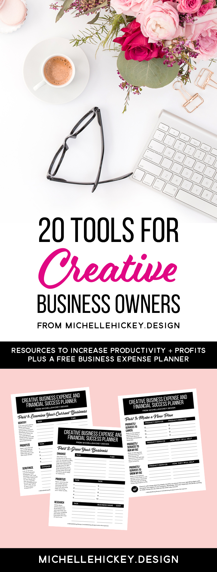 20 tools for creative business owners, running an online business. This list of helpful resources will help increase productivity + profits, while freeing up time so you can focus on the big picture. Includes a 3-page business expense and financial success planner so you can start making actionable changes right away. 