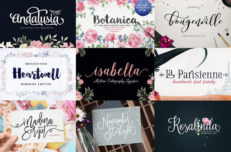 A collection of script fonts and calligraphic typefaces in a broad range of styles for all of your graphic design, DIY, or blogging projects. Most of these fonts families are under $20 and come with swashes, alternate ligatures and extras! // Roundup from MichelleHickey.Design