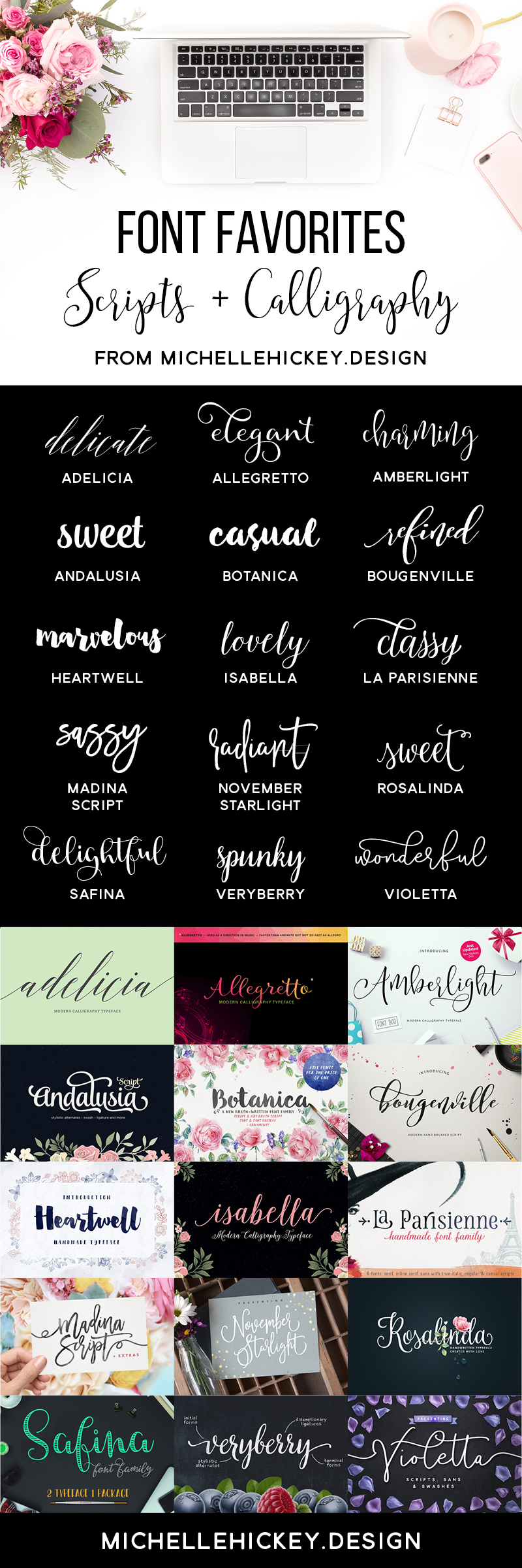 A collection of script fonts and calligraphic typefaces in a broad range of styles for all of your graphic design, DIY, or blogging projects. Most of these fonts families are under $20 and come with swashes, alternate ligatures and extras! // Roundup from MichelleHickey.Design