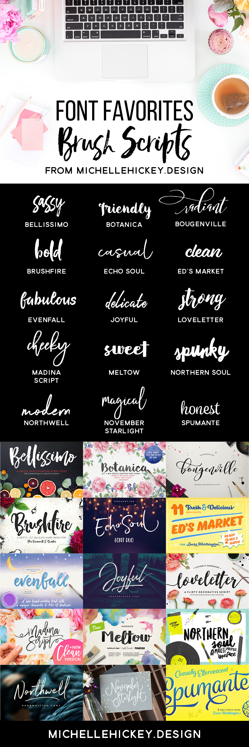 A collection of brush script fonts and typefaces for all of your graphic design, DIY, or blogging projects. Most of these fonts families are under $20 and come with swashes, alternate ligatures and extras! // Roundup from MichelleHickey.Design