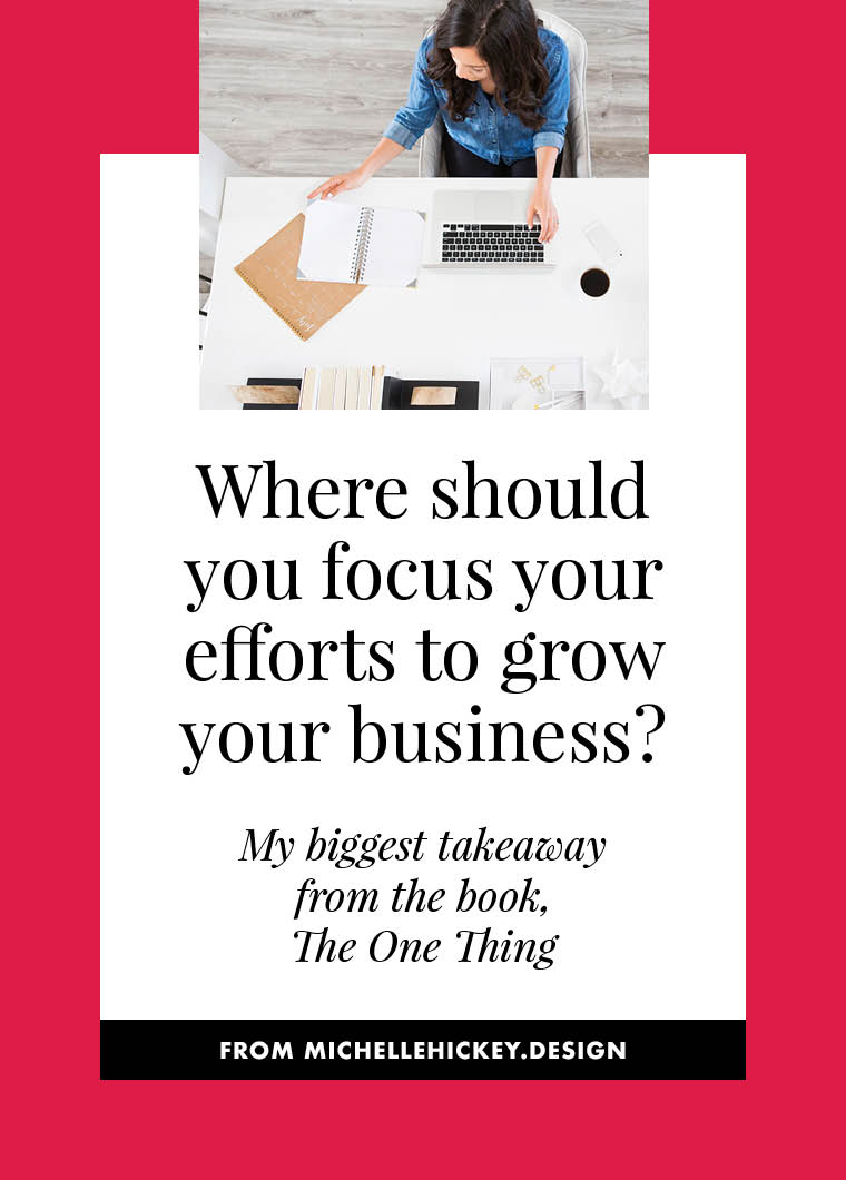 Where should you focus your efforts to grow your business? If you’re struggling to figure out whether email marketing, Instagram, Pinterest, or one of the many other alternatives will be the best avenue to grow your creative business, a powerful tactic from the book, The One Thing, by Gary Keller, will help you to determine the best course of action. In this post and video, Michelle shares how she implemented this strategy and caused a huge shift in her business growth. // from Michelle Hickey Design // #michellelovesbooks #selfhelpbooks #creativebusiness